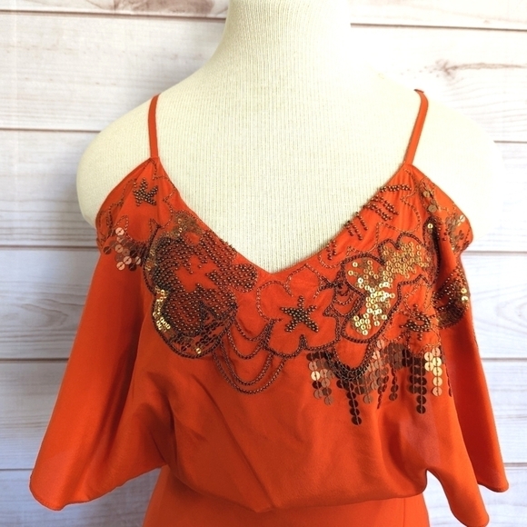 Karen Millen Embellished Flounce Silk Mini Dress in Burnt Orange Size 4 - Picture 5 of 14